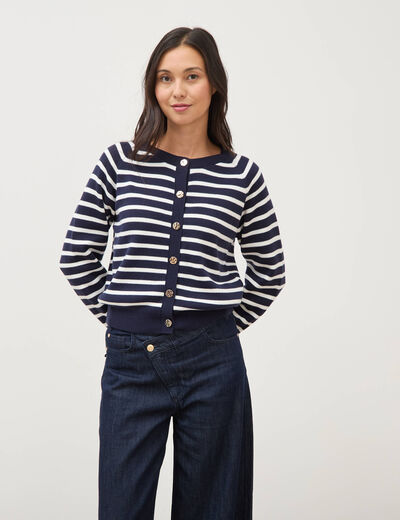 Gilet manches longues col rond en coton bleu marine femme