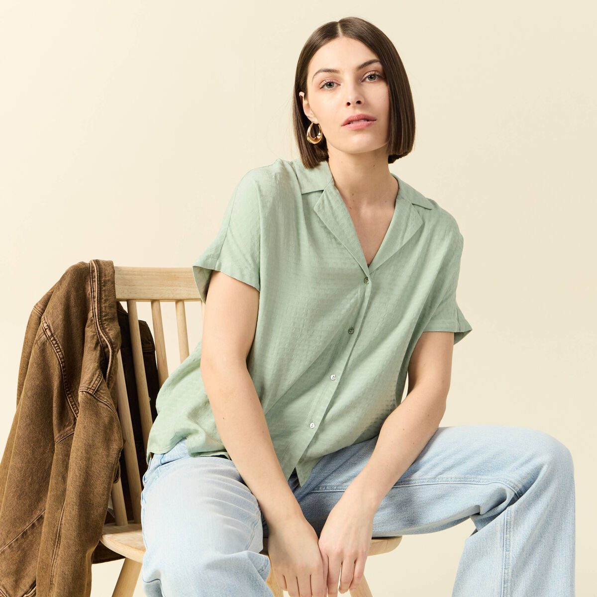 Chemise manches courtes vert olive femme