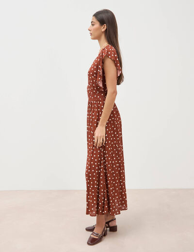 Robe longue &eacute;vas&eacute;e col v manches courtes marron cognac femme