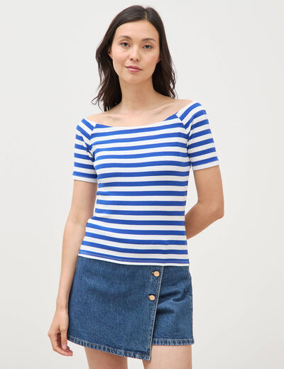 T-shirt ajust&eacute; cropped encolure bardot blanc femme