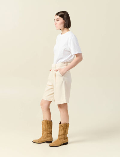 Bermuda droit pinces en jean ecru femme