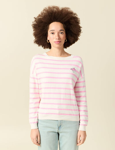 Pull col rond manches longues broderie rose clair femme