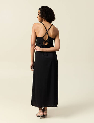 Robe longue droite satin noir femme