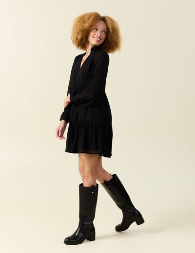 Robe manches longues doubl&eacute;e noir femme