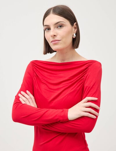 T-shirt ajust&eacute; manches longues bardot rouge femme