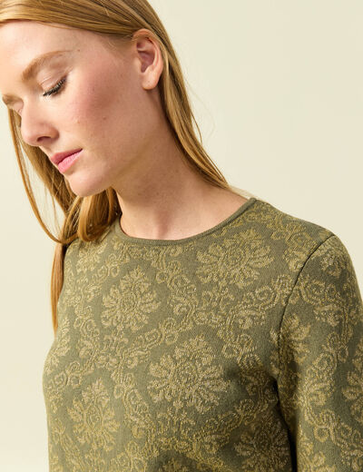 Pull manches longues col rond vert kaki femme