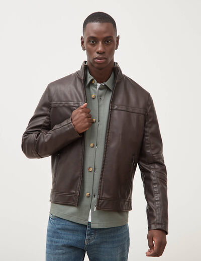 Blouson cintr&eacute; similicuir col montant marron fonc&eacute; homme