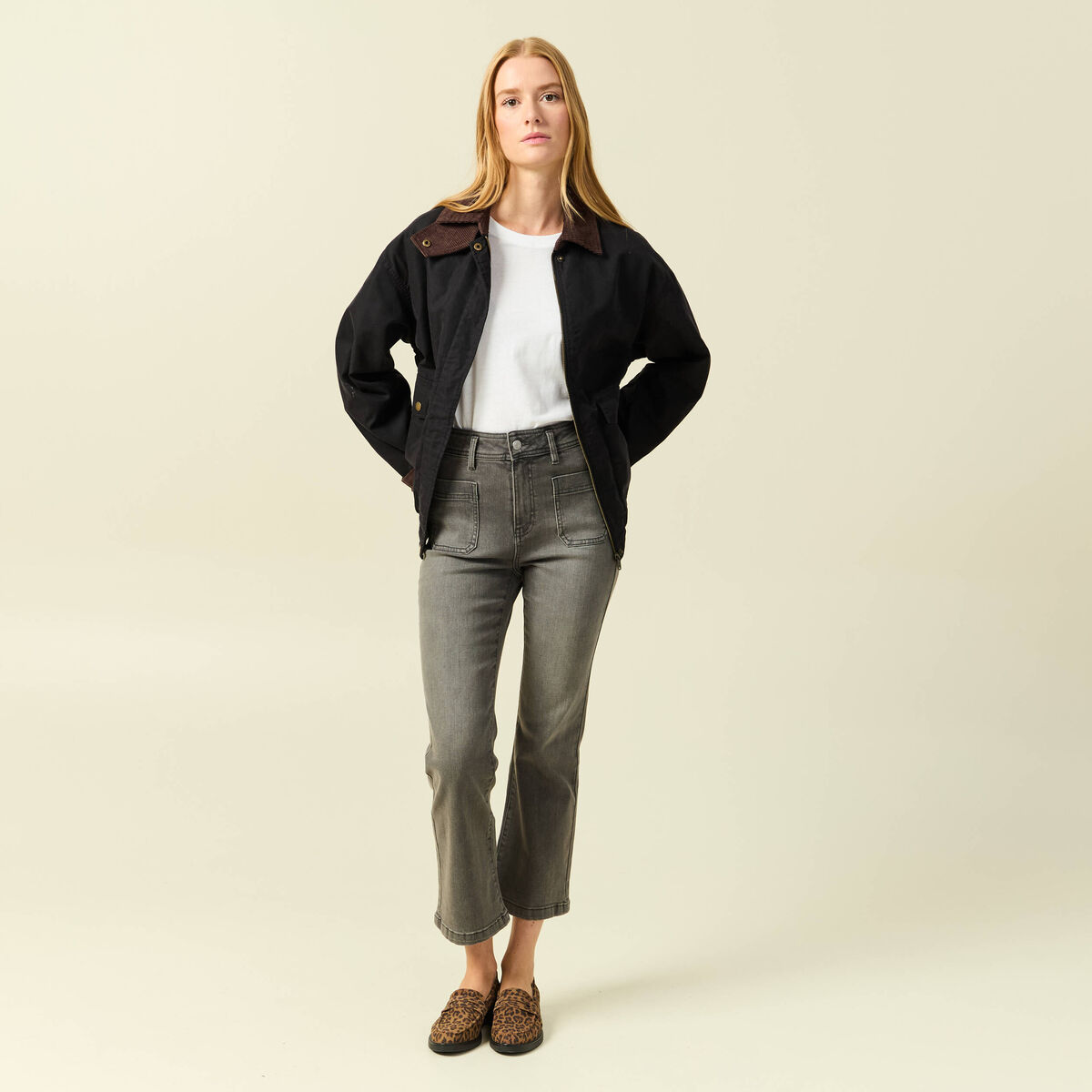 Jeans bootcut cropped taille haute denim gris femme