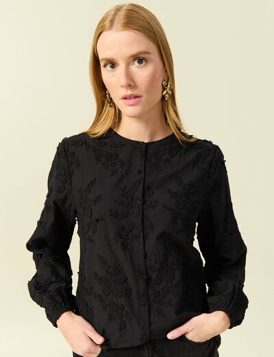 Chemise col rond manches longues brod&eacute;e noir femme
