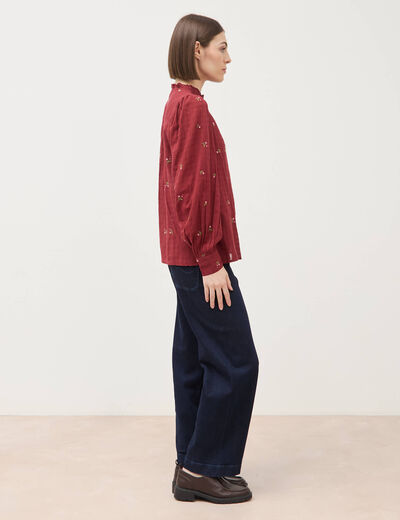 Chemise manches longues en coton brod&eacute;e bordeaux femme