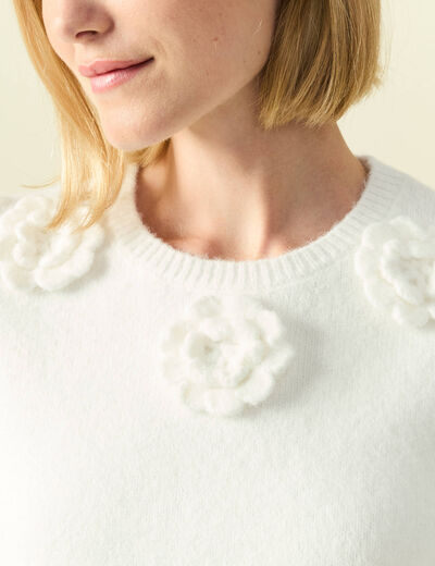 Pull manches longues col rond ecru femme