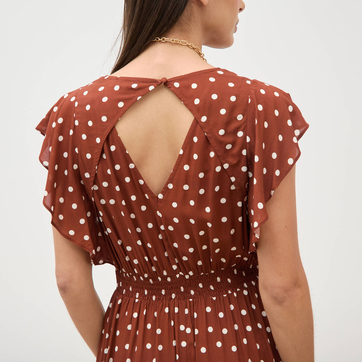Robe longue &eacute;vas&eacute;e col v manches courtes marron cognac femme