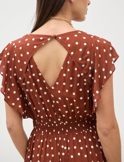 Robe longue &eacute;vas&eacute;e col v manches courtes marron cognac femme