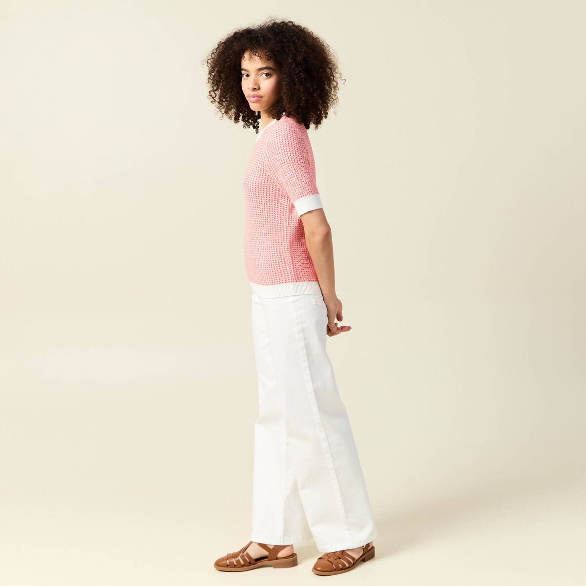 Pull droit court manches courtes ecru femme