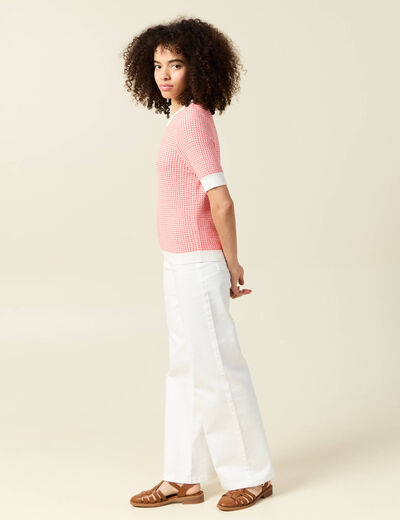 Pull droit court manches courtes ecru femme