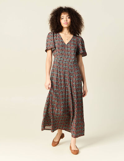 Robe longue droite col v manches courtes noir femme