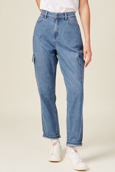 Jeans cargo taille haute denim used femme