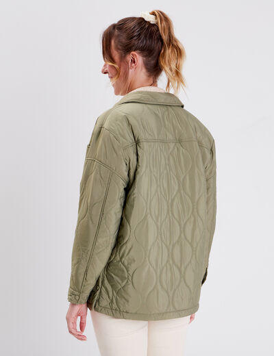 Veste droite matelass&eacute;e col chemise vert kaki femme