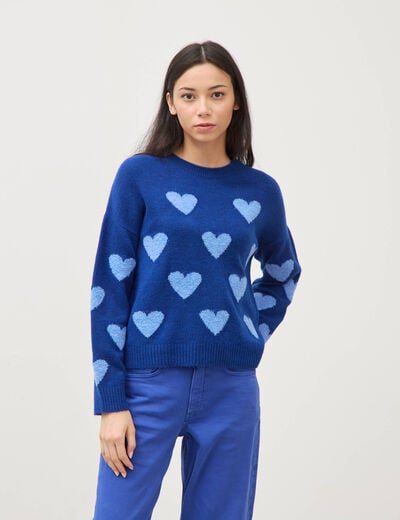 Pull manches longues bouclette col rond bleu electrique femme