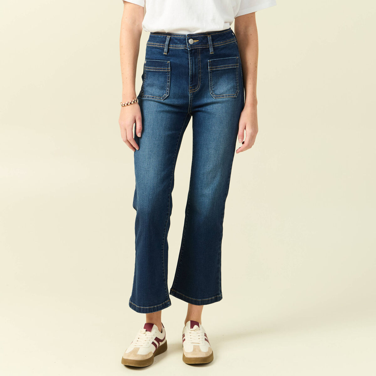Jeans bootcut cropped taille haute denim brut femme