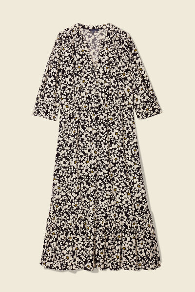 Robe longue évasée volantée noir femme