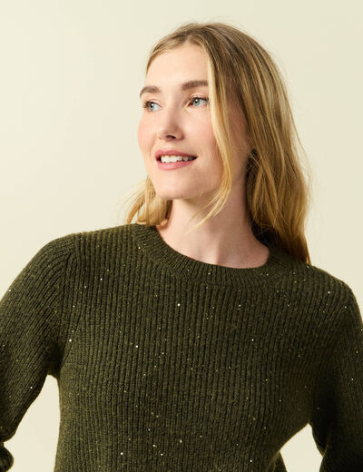 Pull manches longues col rond &agrave; sequins vert kaki femme