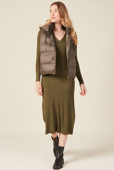 Robe pull longue moulante vert kaki femme
