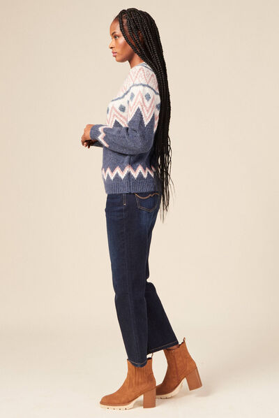 Pull manches longues col rond bleu canard femme