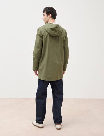 Parka droite mi-longue &agrave; capuche vert kaki homme