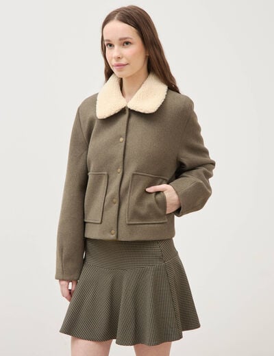 Blouson court oversize col sherpa vert kaki femme