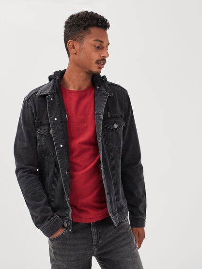 Veste droite en jean a capuche denim noir homme