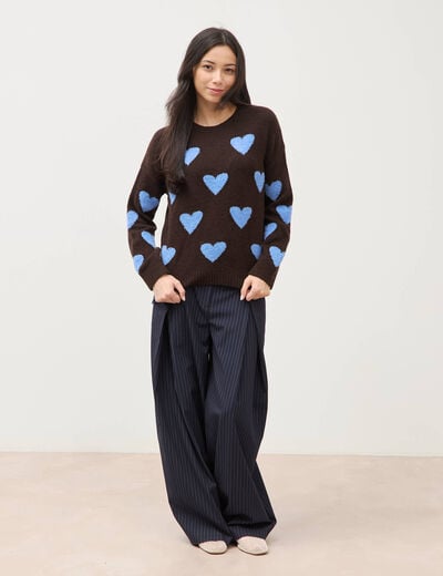 Pull manches longues bouclette col rond marron femme