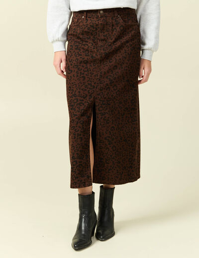 Jupe droite longue en coton marron cognac femme