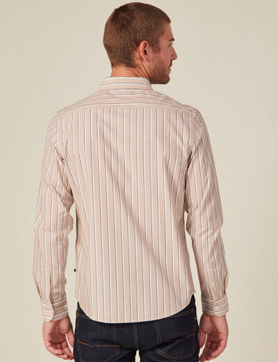 Chemise ray&eacute;e en coton manches longues beige homme