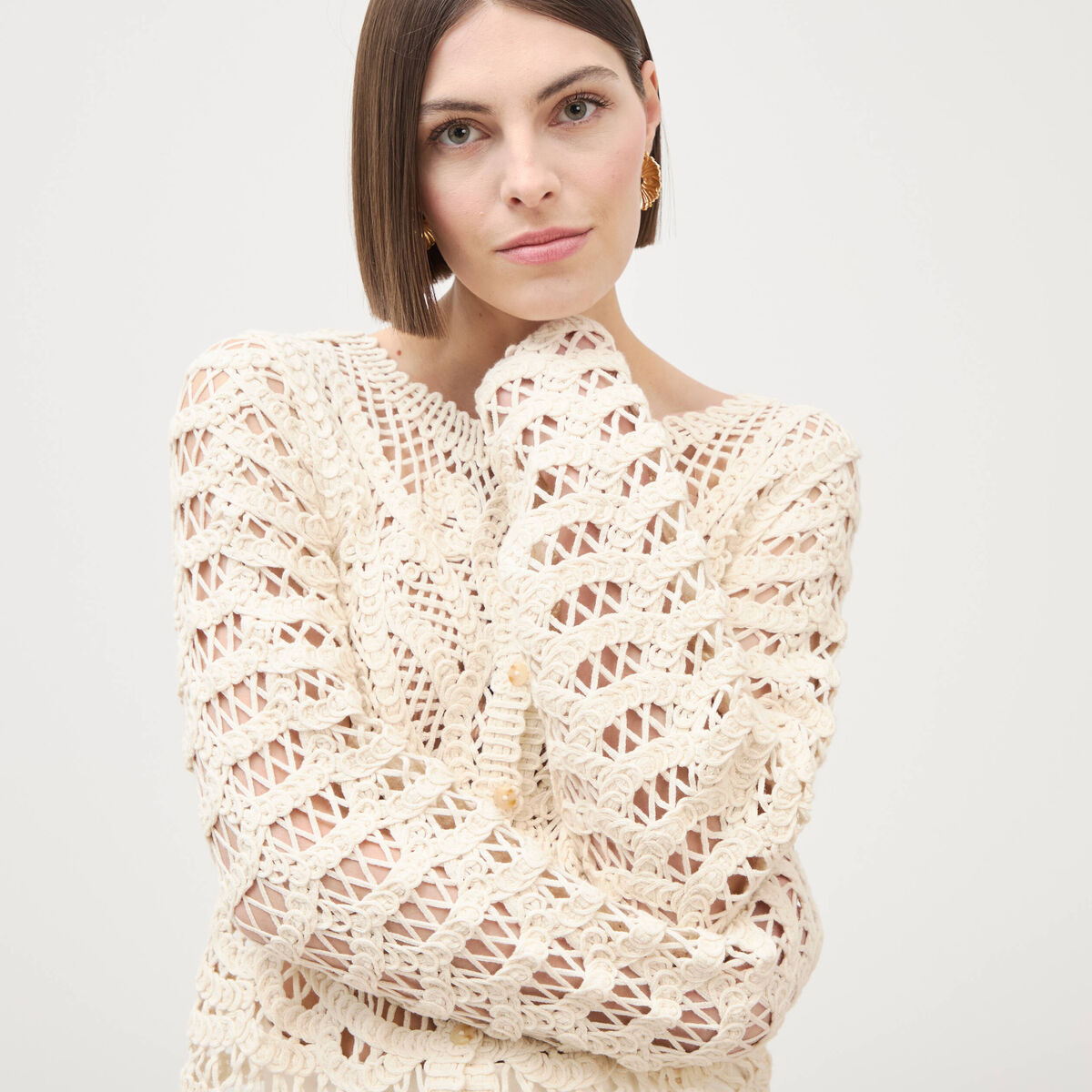 Cardigan droit court manches longues ecru femme