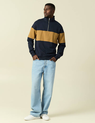 Sweat col montant manches longues bleu marine homme