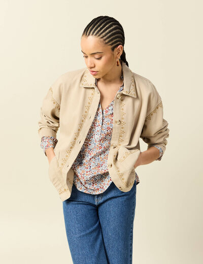Blouson boutonn&eacute; brod&eacute; beige femme