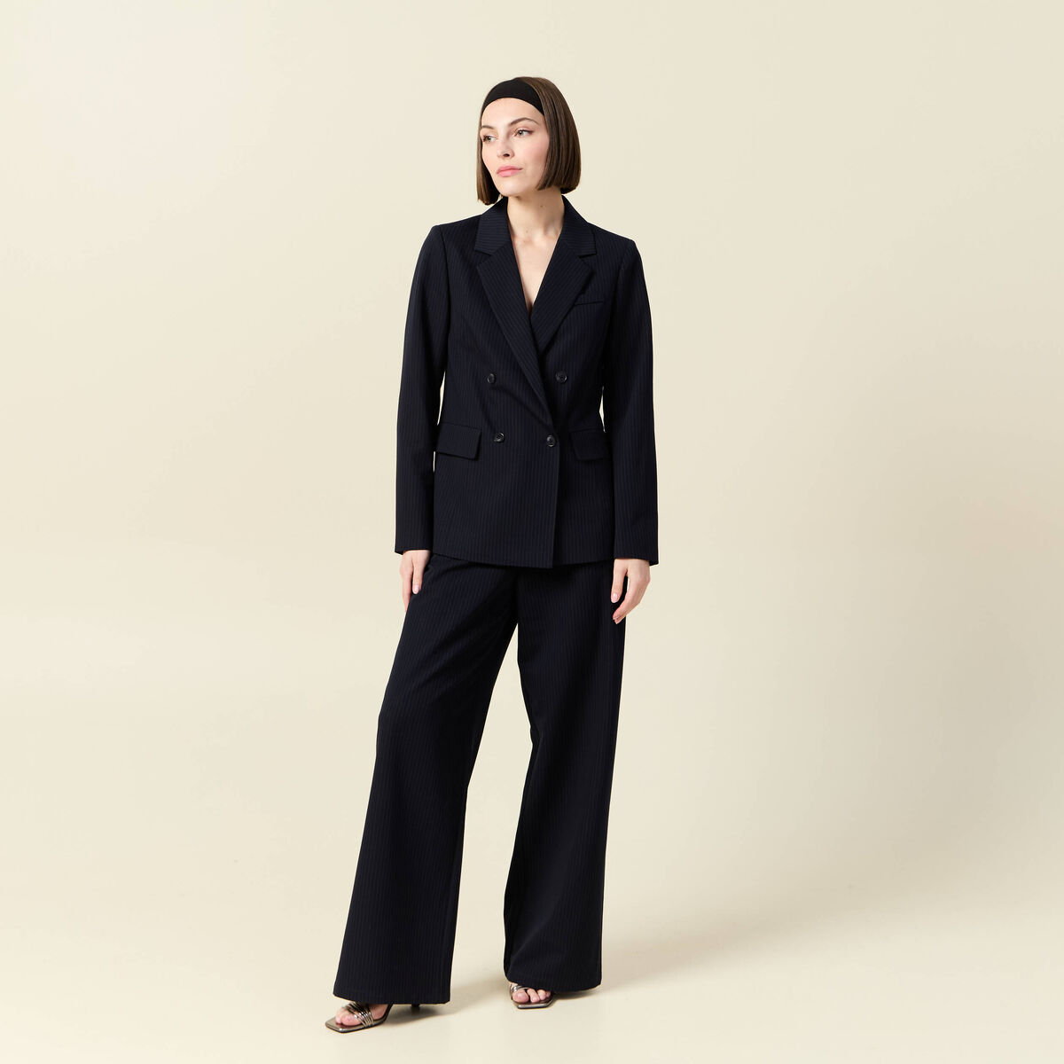 Blazer manches longues col tailleur bleu marine femme