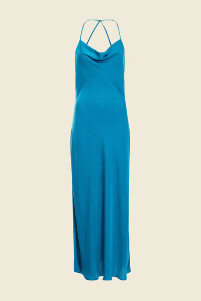 Robe longue droite à bretelles bleu pétrole femme