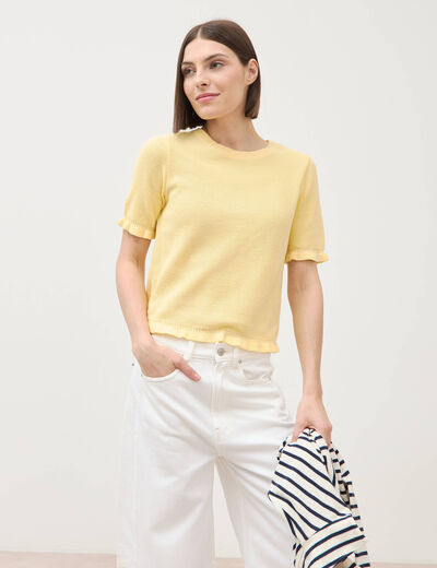 Pull droit col rond manches courtes jaune clair femme