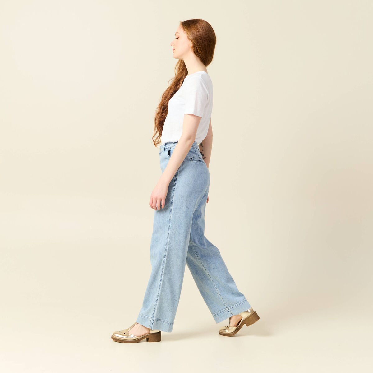 Jeans large denim bleach femme