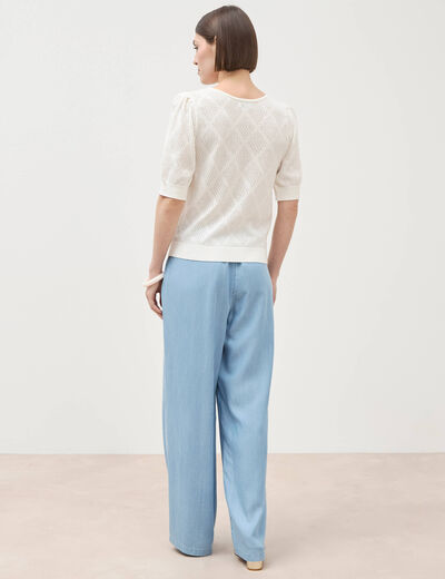 Pull ajour&eacute; droit court manches courtes ecru femme