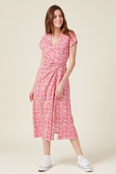 Robe midi droite drapée rose framboise femme