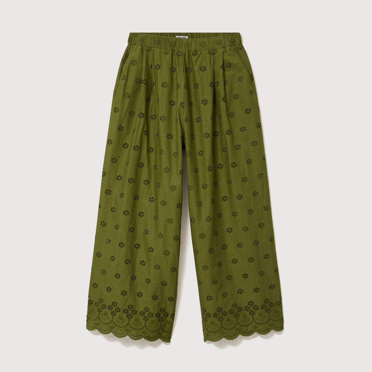 Pantalon droit 7/8&egrave;me brod&eacute; vert kaki femme