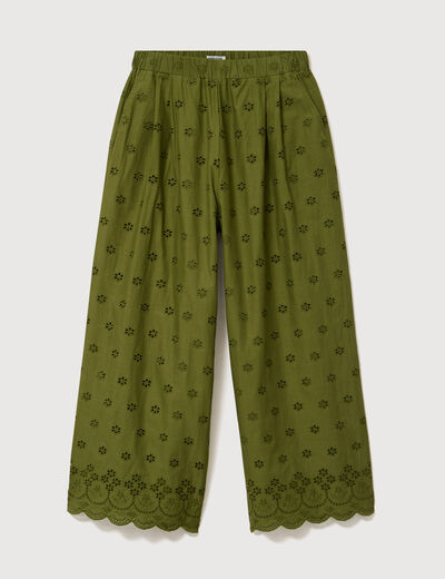 Pantalon droit 7/8&egrave;me brod&eacute; vert kaki femme