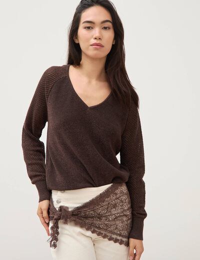 Pull droit col v manches longues marron femme