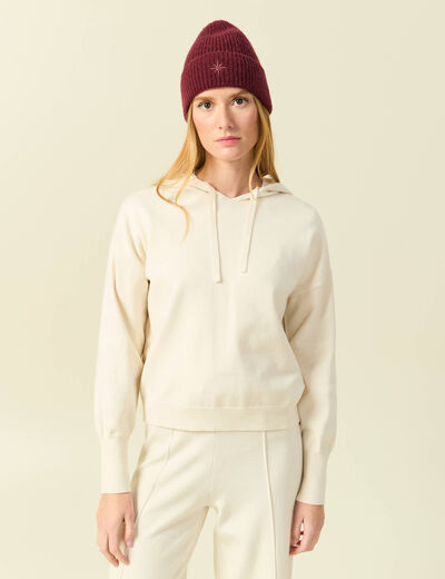 Sweat &agrave; capuche manches longues creme femme