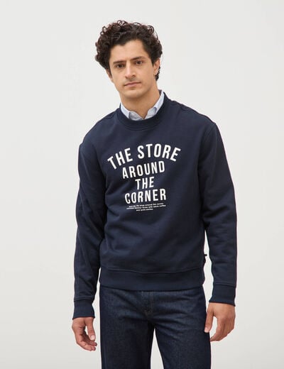 Sweat droit col rond en coton bleu marine homme