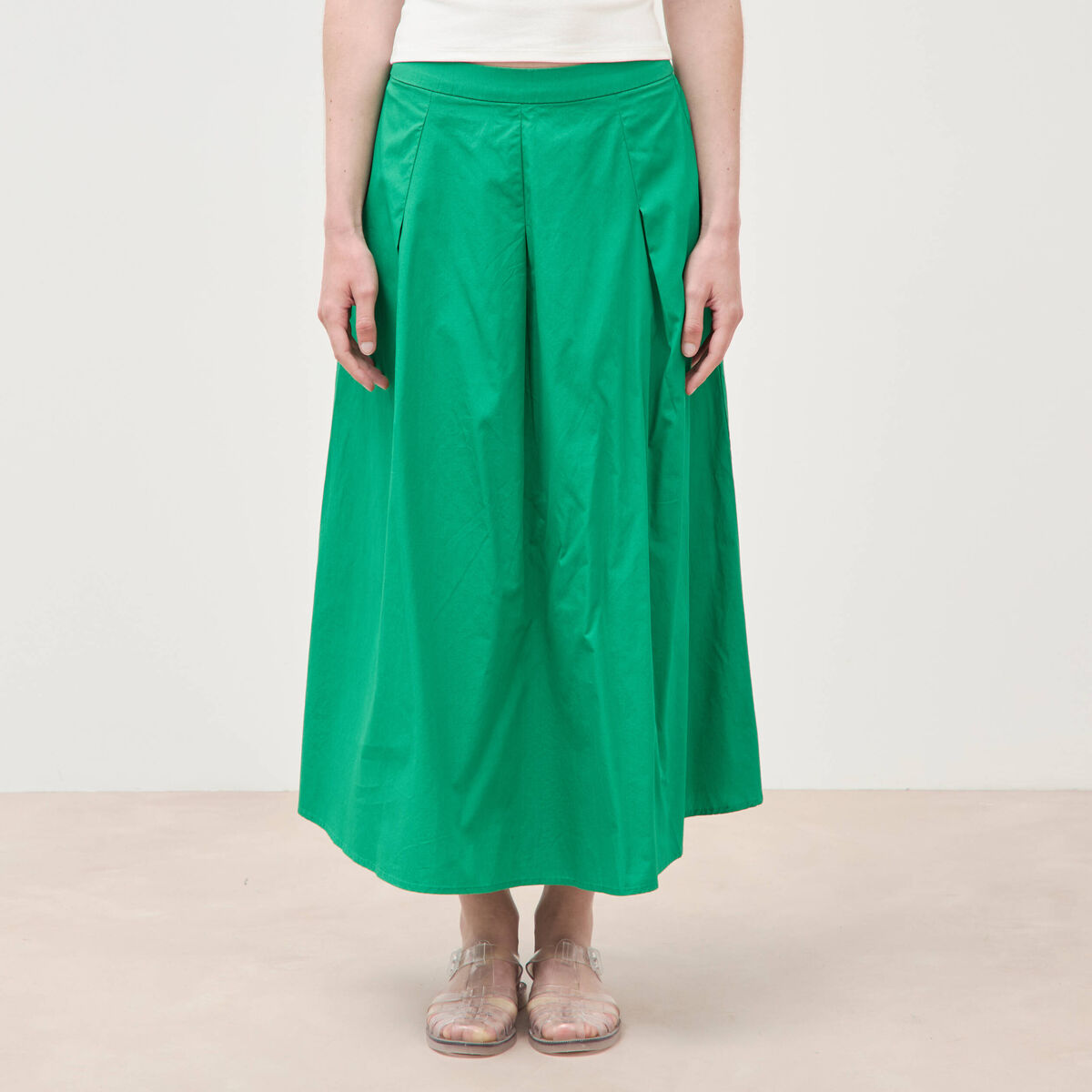 Jupe longue &eacute;vas&eacute;e en coton ray&eacute; vert femme