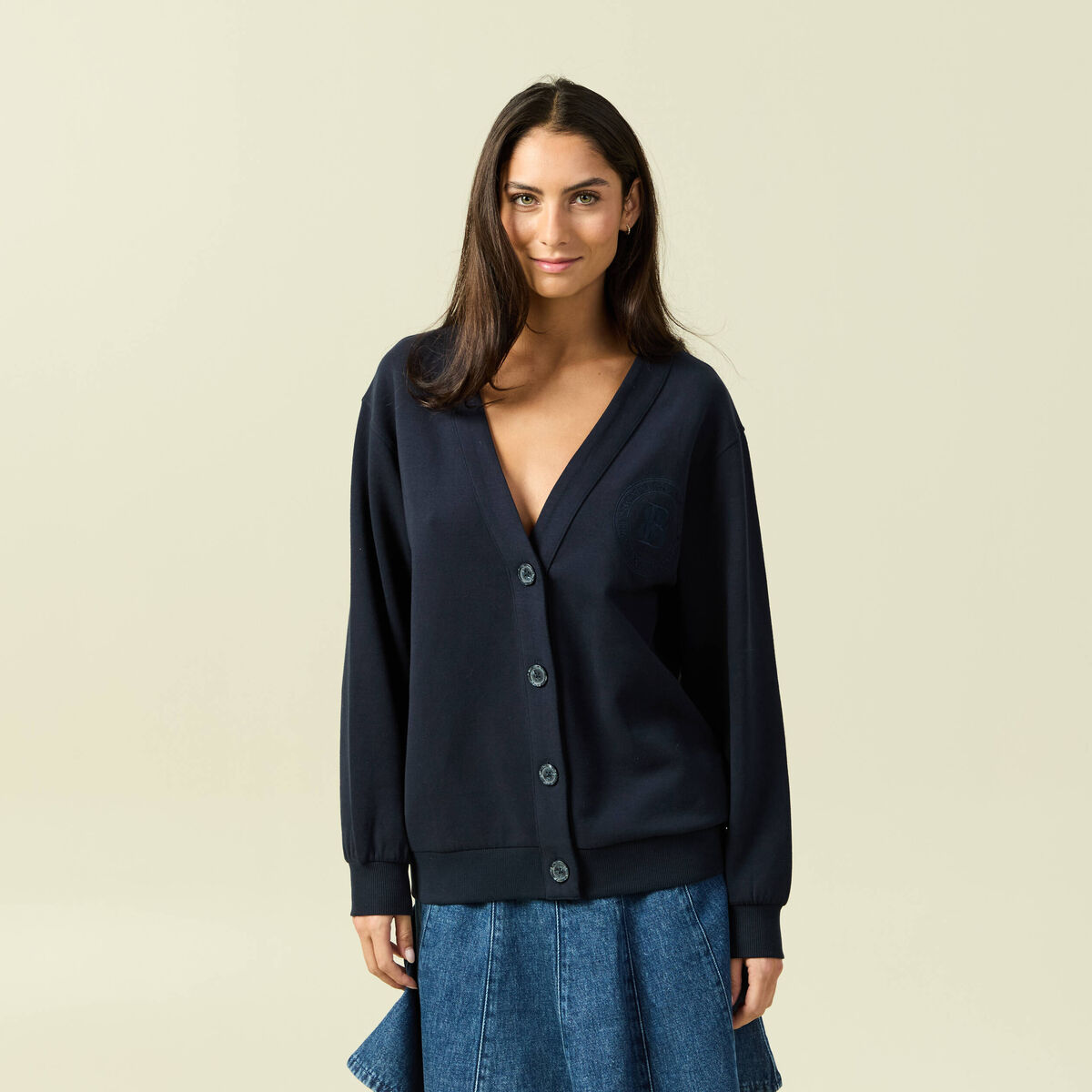 Cardigan oversize col v manches longues bleu marine femme